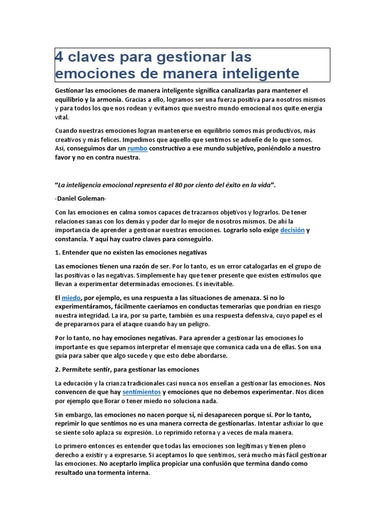 4 Claves para Gestionar Las Emociones de Manera Inteligente | PDF