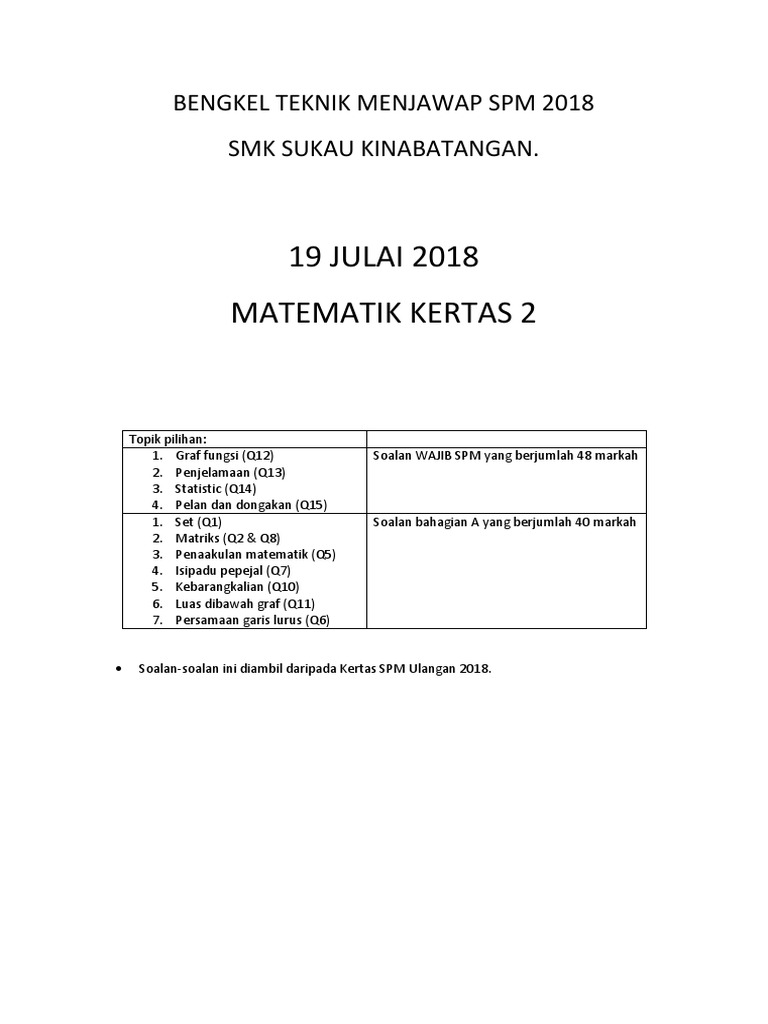 Skema Jawapan Matematik Spm Ulangan 2018