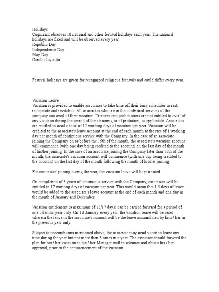 Cognizant holidays and leave policy PDF