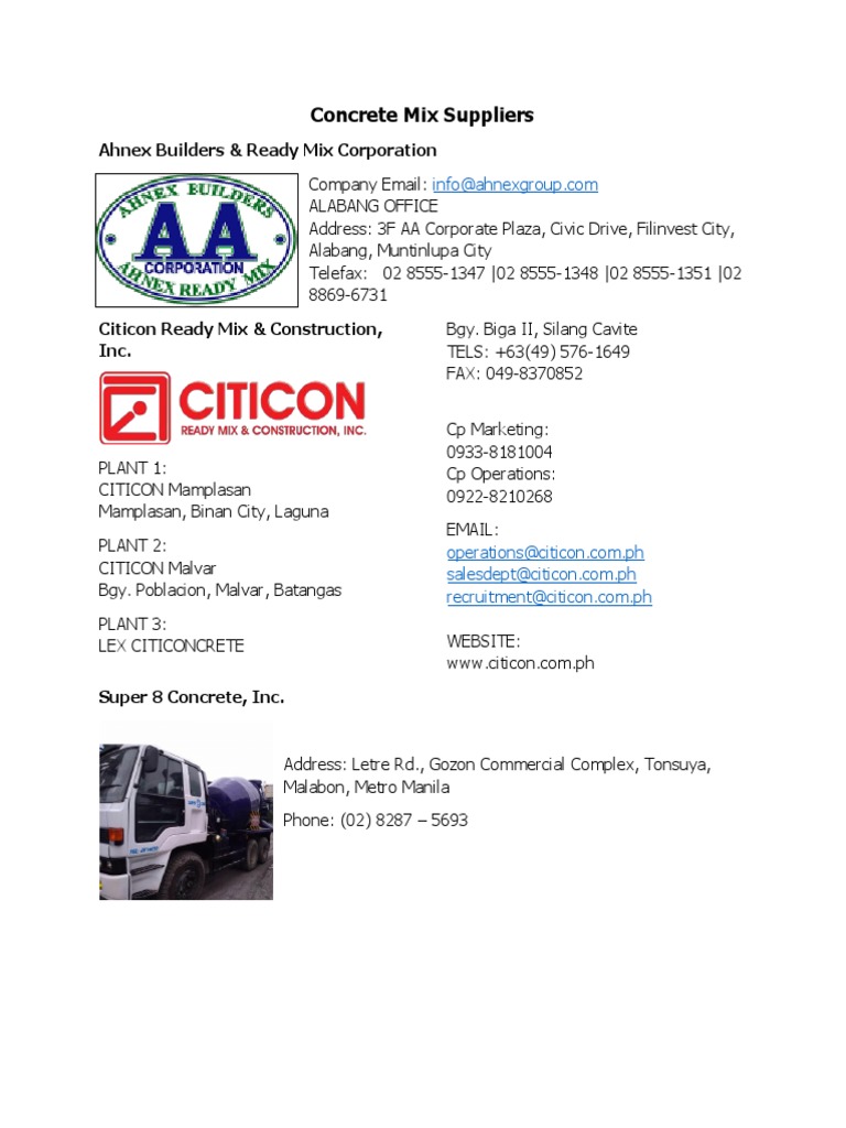 Ahnex Builders & Concrete Suppliers List | PDF
