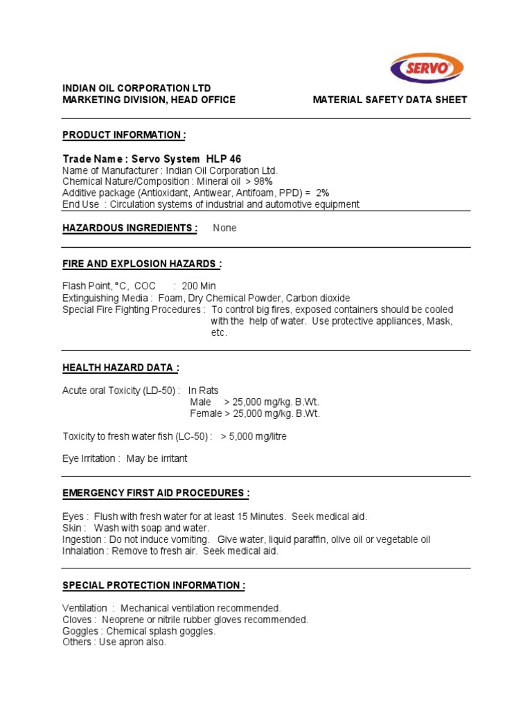 MSDS Servo System HLP 46 IOCL PDF