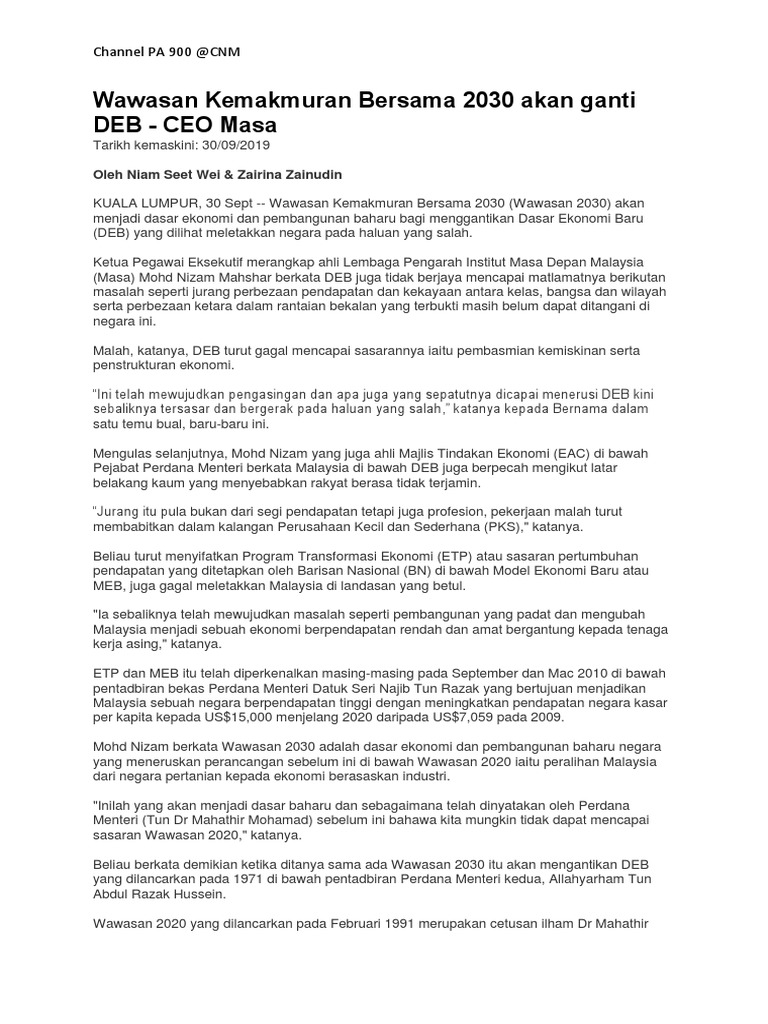 Wawasan Kemakmuran Bersama 2030 Akan Ganti Deb Pdf