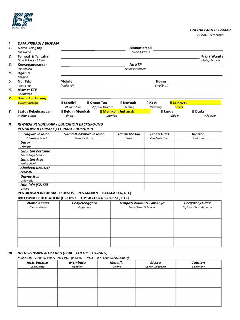 Formulir Pendaftaran English First | PDF