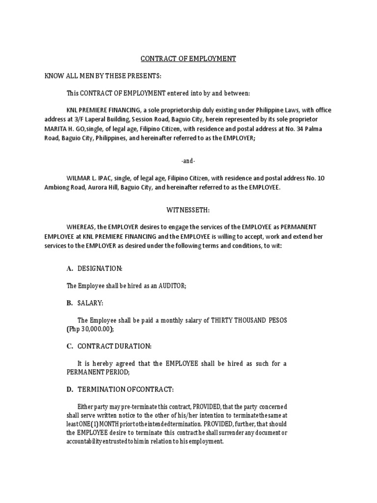 Contract of Employment PDF Sole Proprietorship Employment