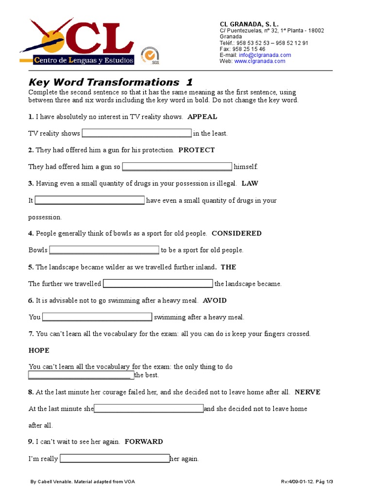 C1 Key Word Transformations Exercise | PDF