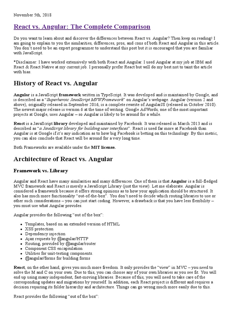React vs. Angular: Key Differences 2018 | PDF | Angular Js | Object ...