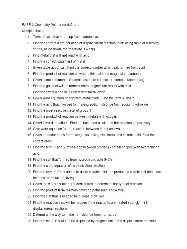 EASE 3 Chemistry Pointer For 8 Grade PDF | PDF | Chemical Reactions ...