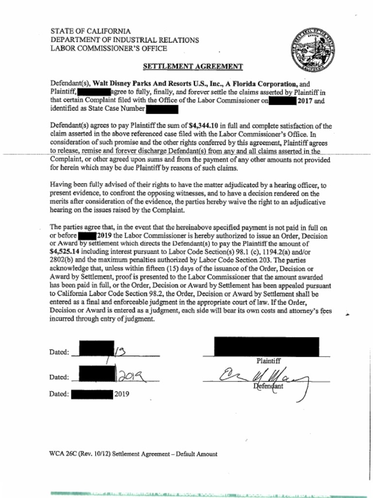 Individual Settlement For Wage Violations For One Cast Member With The