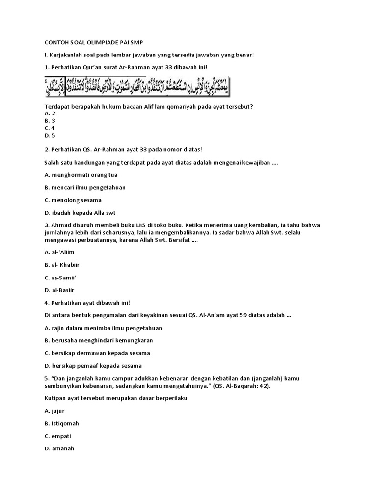 110 Contoh Soal Olimpiade Pai Lengkap Dikdasmen