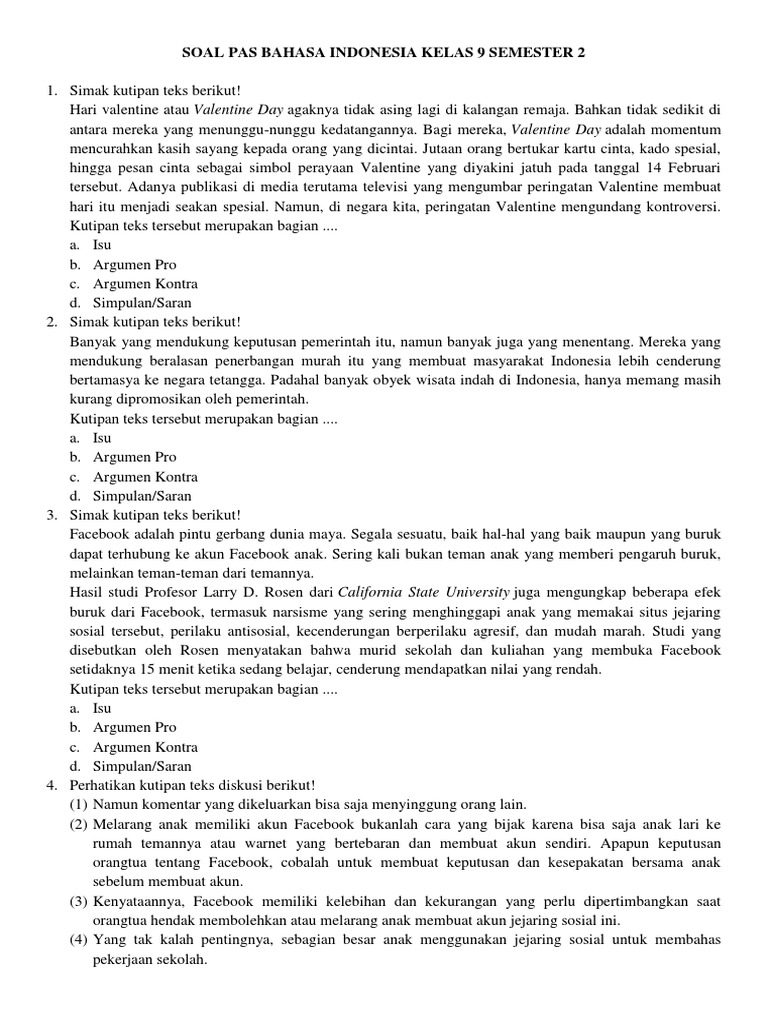 Jawaban Soal Bahasa Indonesia Kelas 9 Semester Ganjil