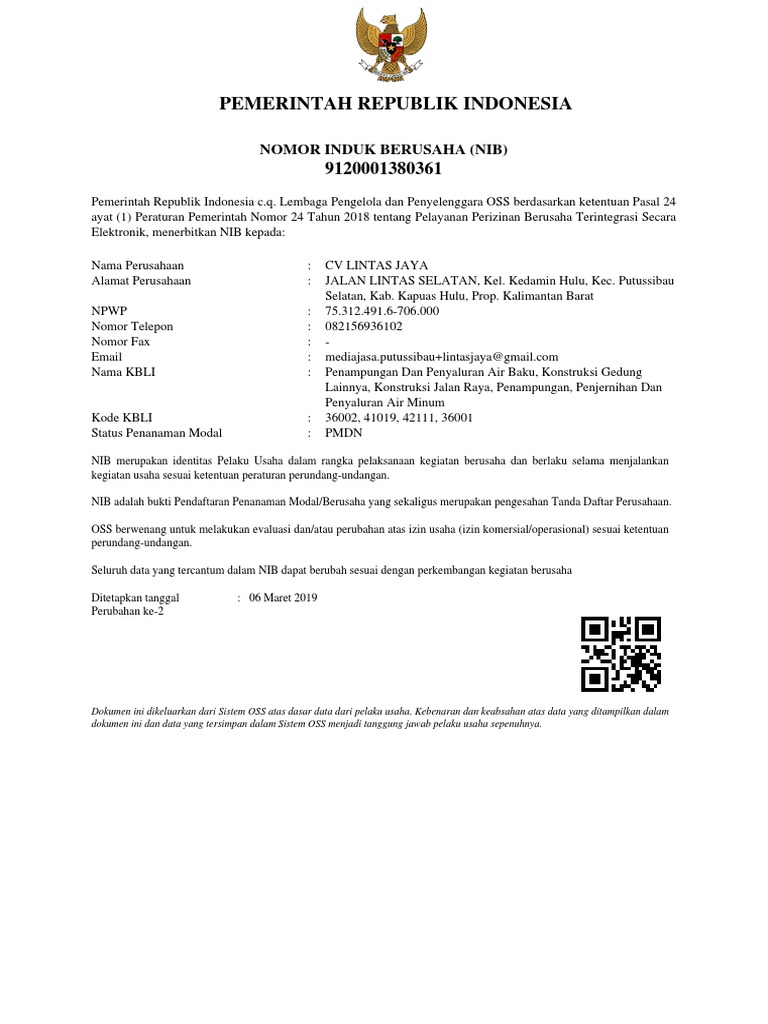 Contoh NIB untuk Usaha CV Lintas Jaya | PDF