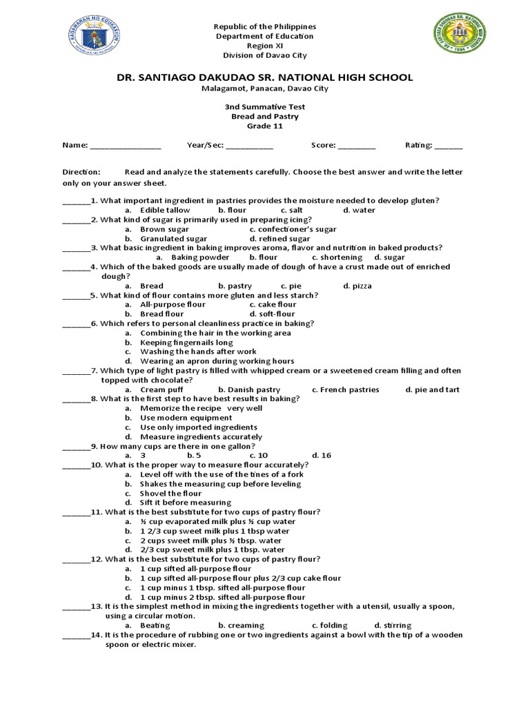 3rd Summative Test in Bread and Pastry Production PDF Cakes Breads
