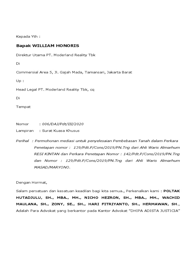 Surat Permohonan Mediasi | PDF