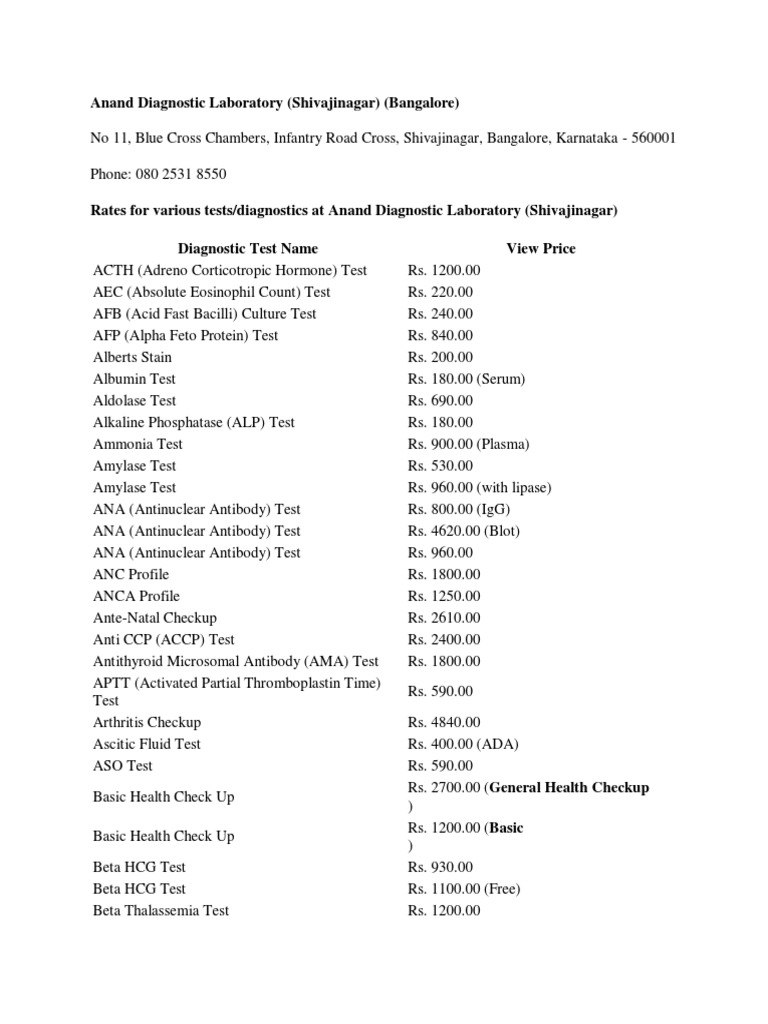 Anand Diagnostic Laboratory Test Price Details PDF Medical