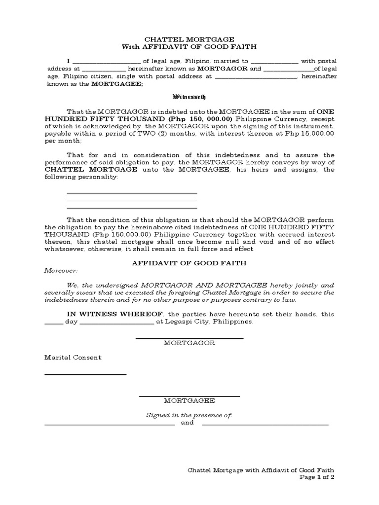 Chattel Mortgage With Affidavit of Good Faith PDF Mortgage Law Property
