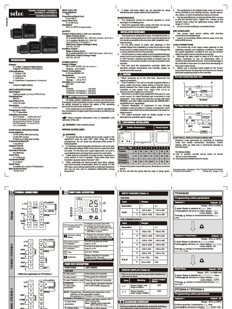 Selec TC344 Temperature Controller Manual | PDF | Relay | Switch
