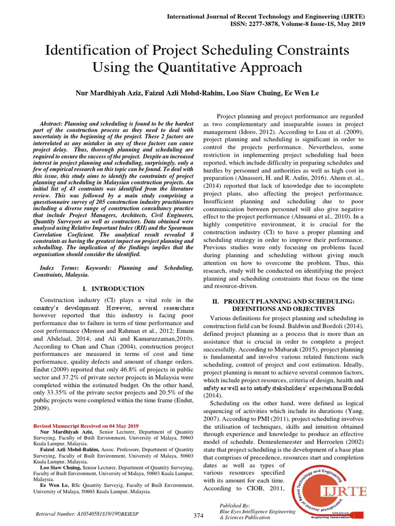 Journal Identification of Project Scheduling Constraints PDF