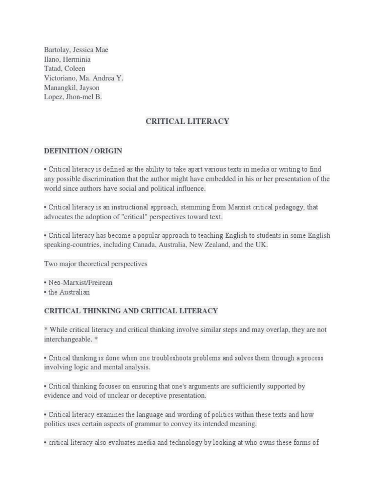 Understanding Critical Literacy Theory | PDF | Sociological Theories ...