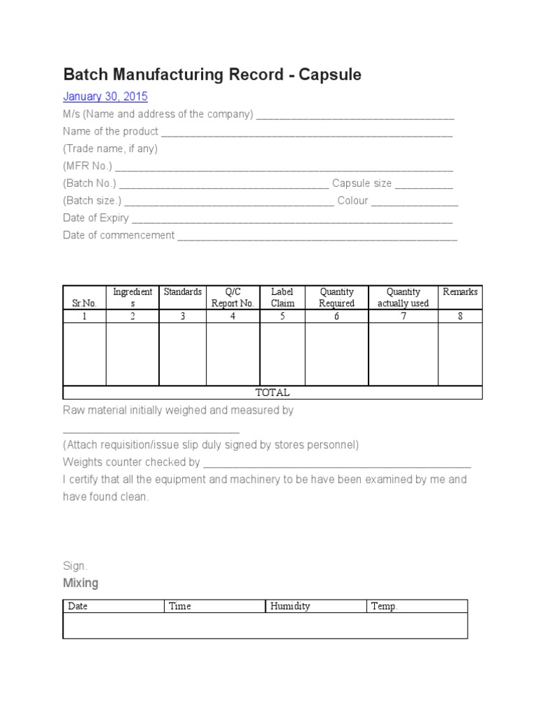 Batch Manufacturing Record PDF Packaging And Labeling Business