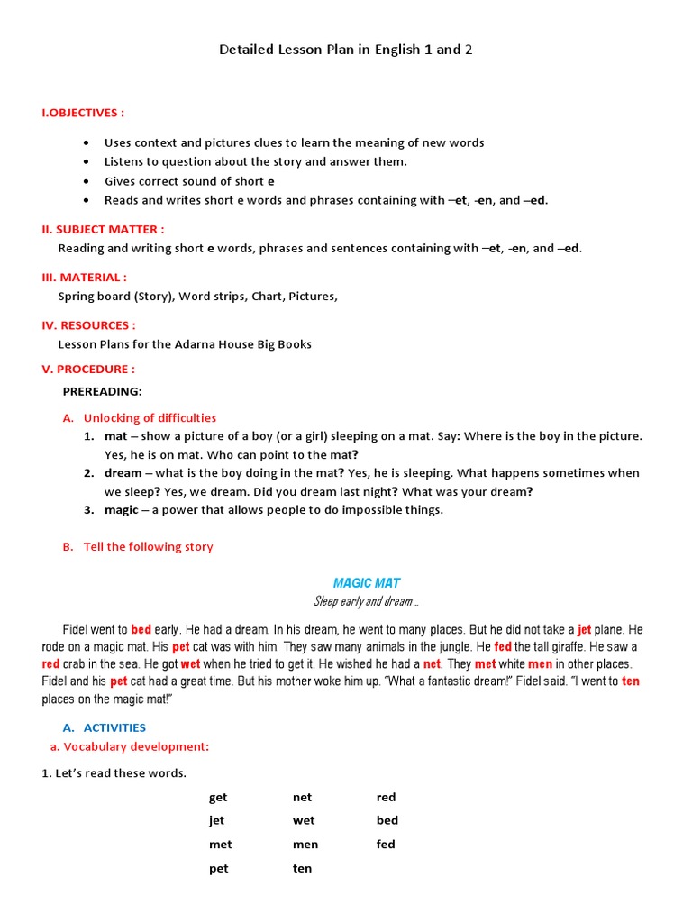 Grade 1 Detailed English Lesson Plan | PDF | Cognition