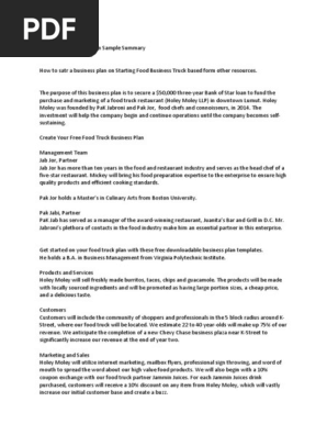 Food Truck Business Plan Sample Summary