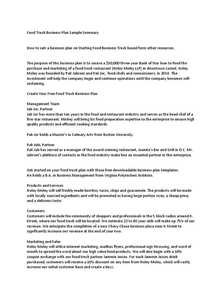Food Truck Business Plan Sample Summary Pdf Discounting Foods