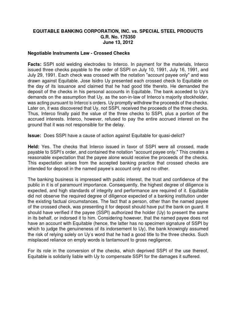 Equitable Bank's Liability in Check Fraud | PDF | Cheque | Negotiable ...
