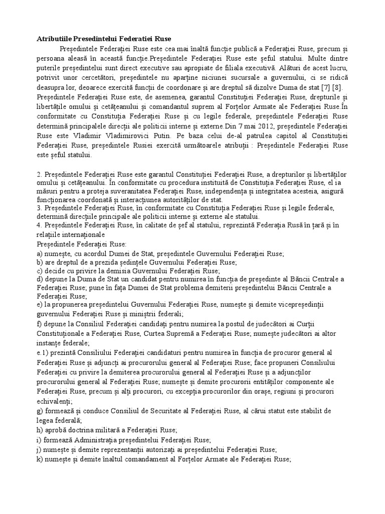 Atributiile Presedintelui Federatiei Ruse | PDF