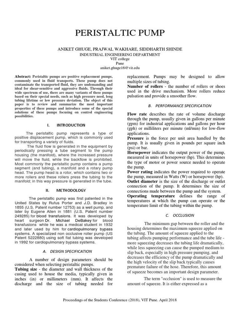 An Overview of Peristaltic Pumps Design, Performance Specifications