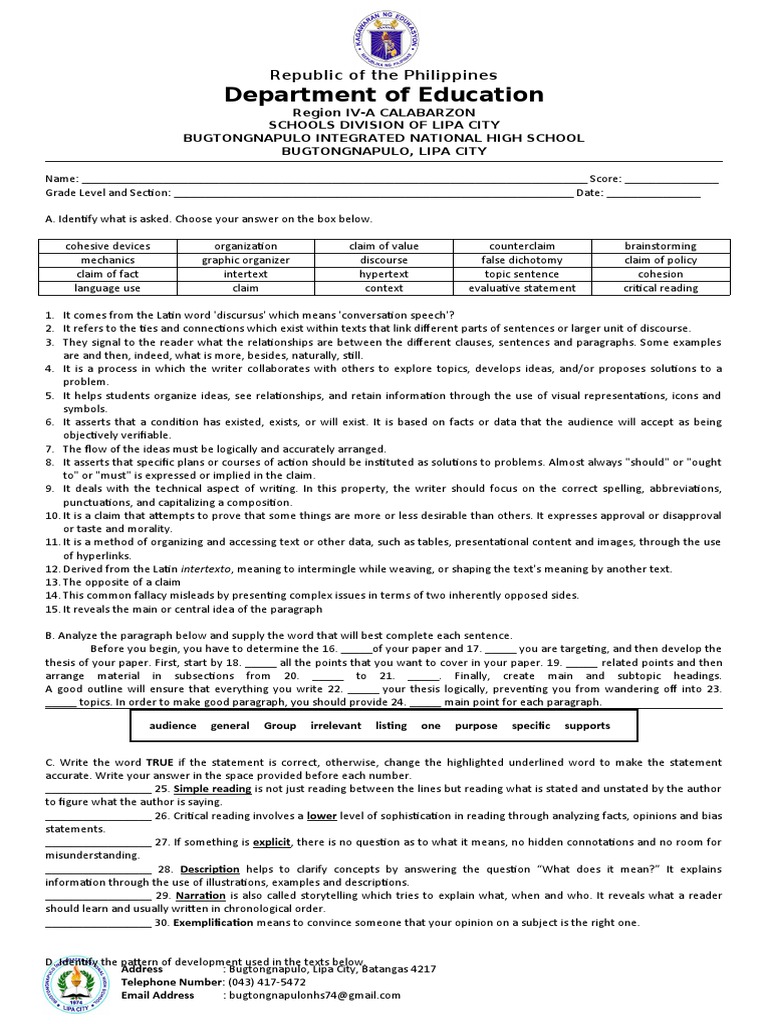 Long Test in Reading and Writing Grade 11 Download Free PDF