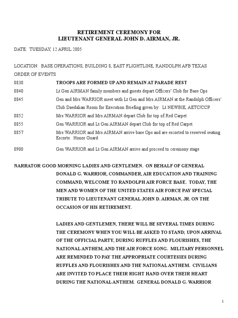 Retirement Script | PDF | United States Air Force | Lieutenant