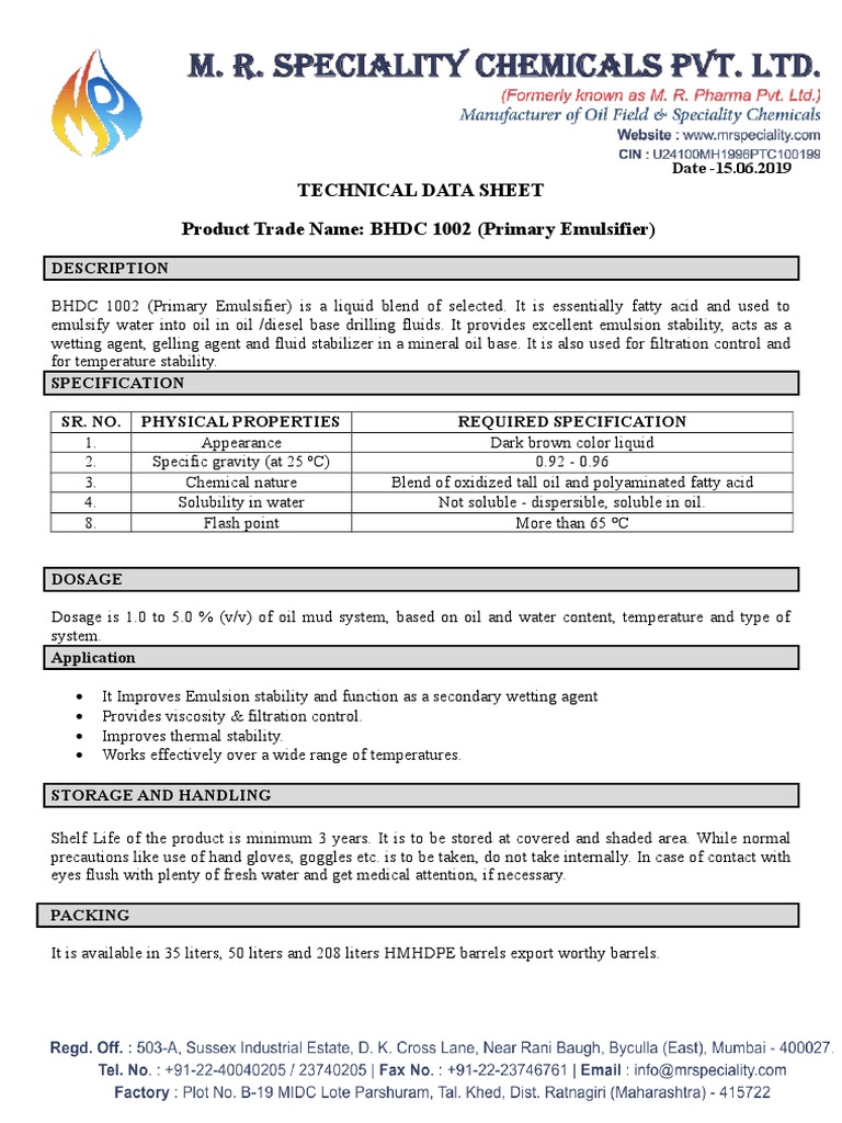 BHDC 1002: Primary Emulsifier Data Sheet | PDF | Technology & Engineering