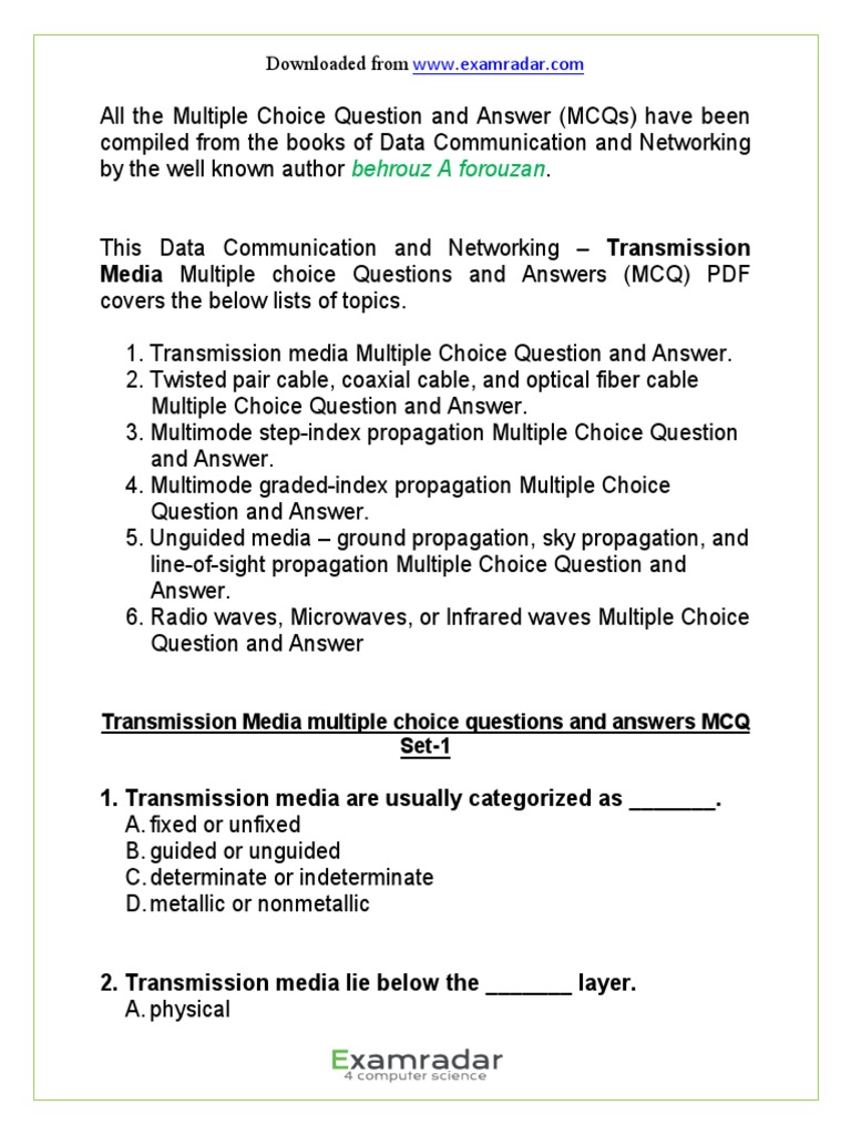 CH 7 Transmission Media Multiple Choice Questions and Answers MCQ PDF