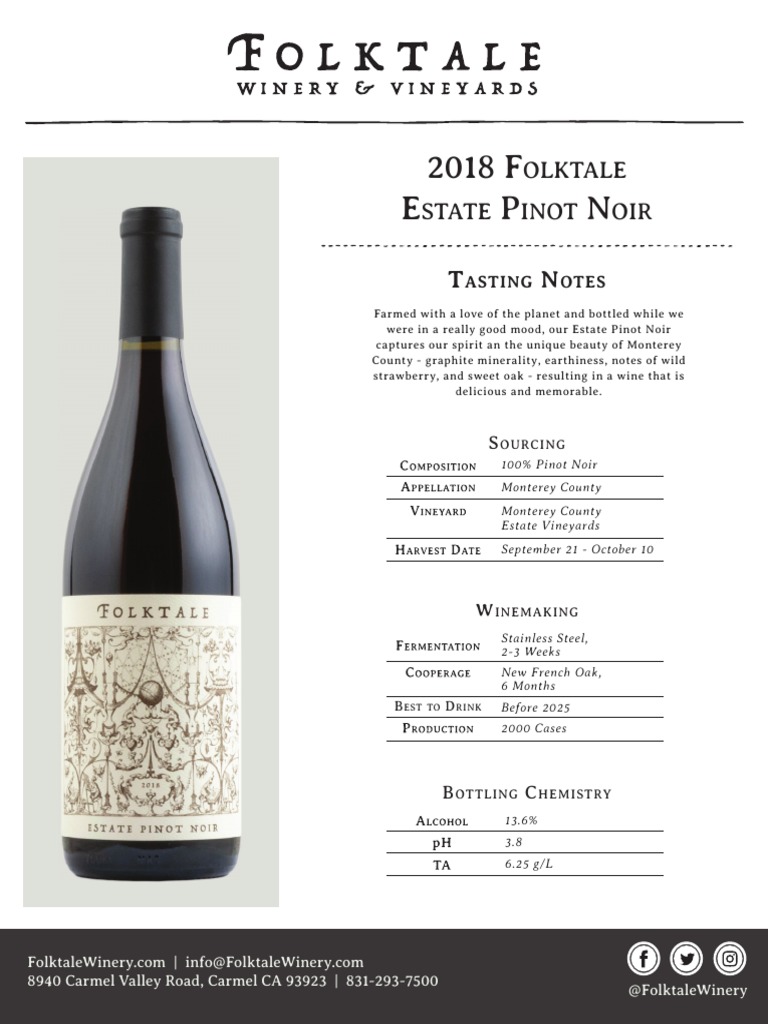 2018 Folktale Estate Pinot Noir Tech Sheet PDF