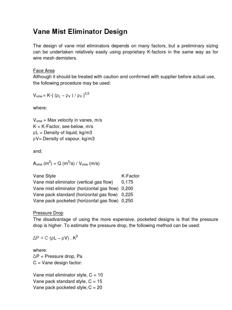 Vane Mist Eliminator Design Guide | PDF | Pressure | Gases