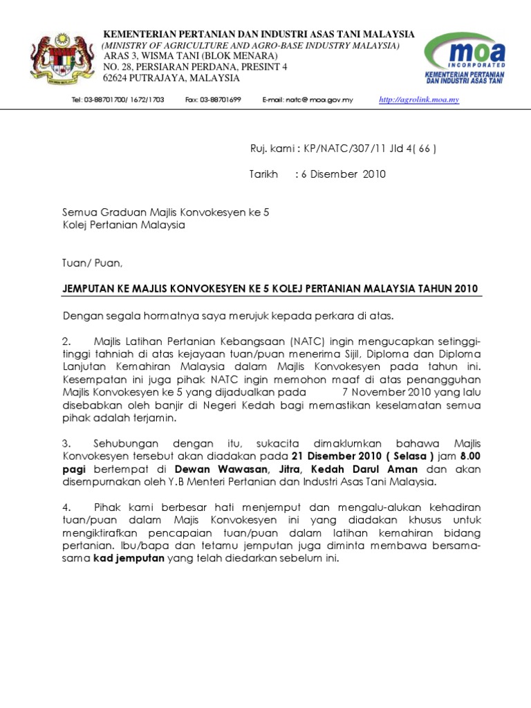 Surat Jemputan Ke Majlis Konvokesyen Ke  5 Kolej Pertanian Malaysia