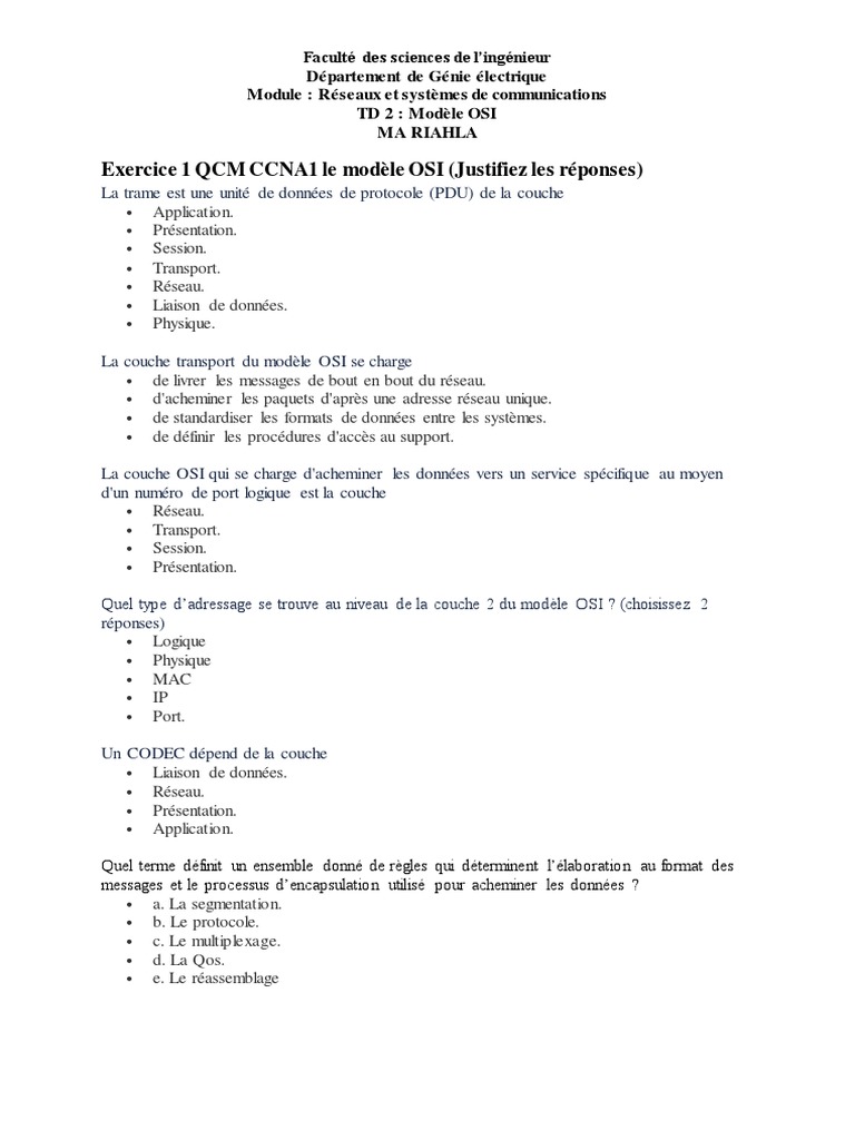 Exercice Corrigé Modele Osi Et Tcp/ip Pdf TD 2 - Osi | PDF | Modèle OSI | Architecture de réseau