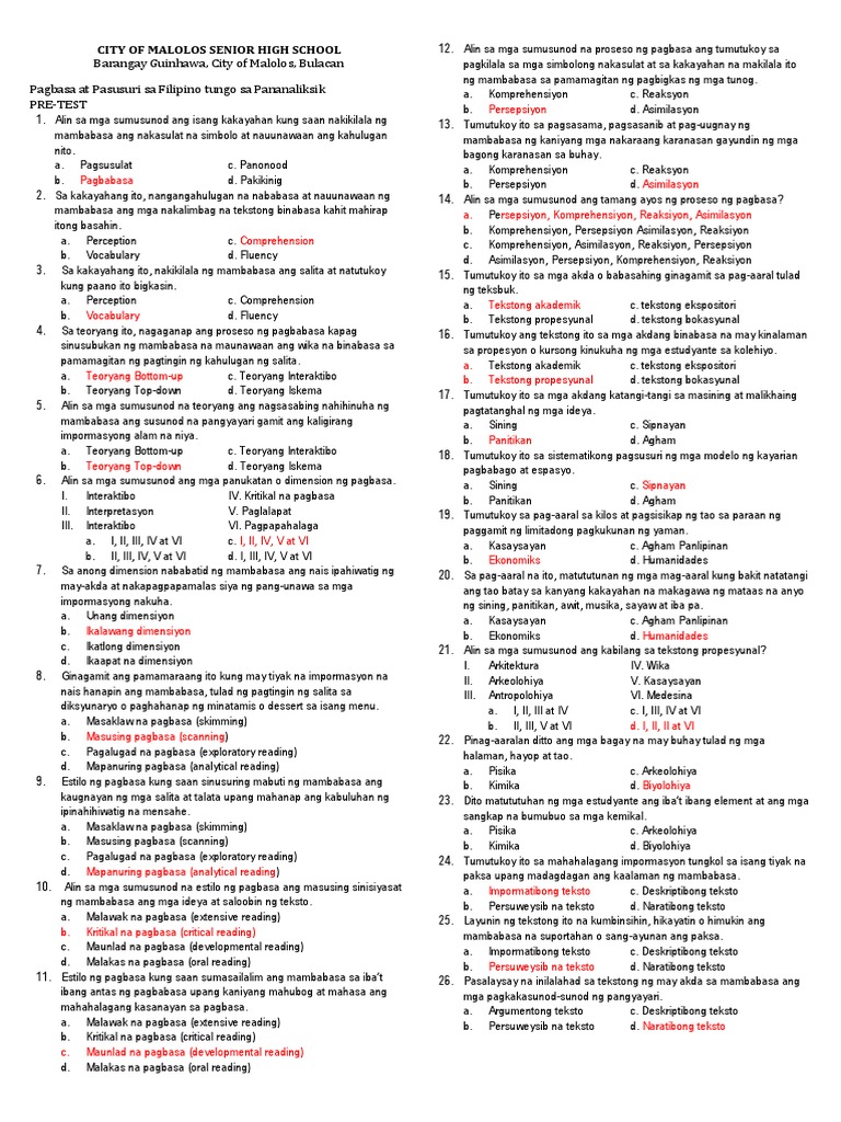 Pre-Test Sa Pagbasa at Pagsusuri | PDF