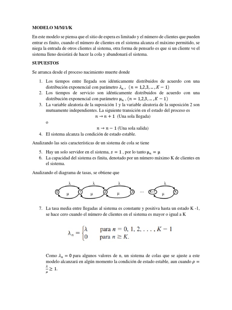 Análisis del modelo M/M/1/K de sistemas de colas con capacidad finita ...