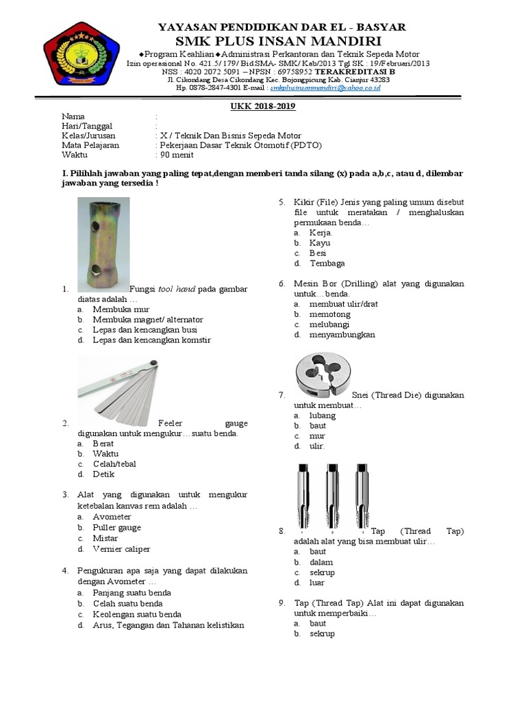 Soal Ukk Kelas X Pekerjaan Dasar Teknik Otomotif