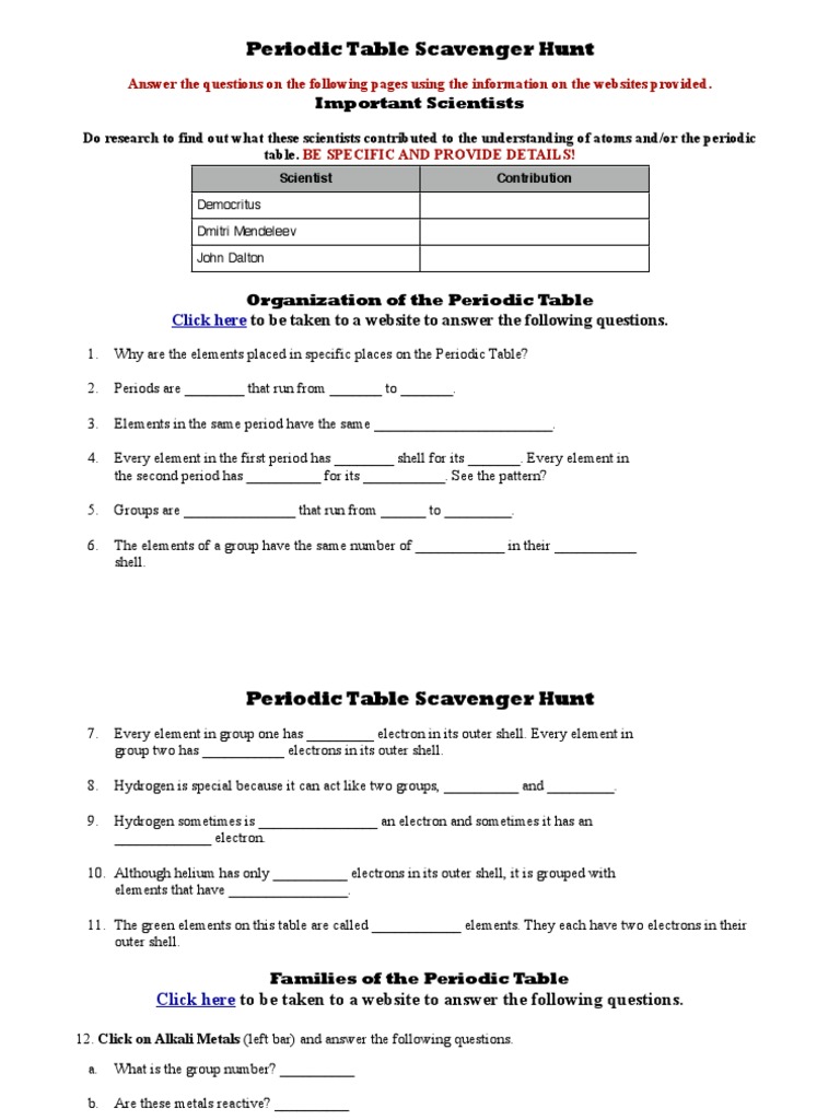 Periodic Table Online Scavenger Hunt  PDF  Periodic Table  Metals Throughout Periodic Table Scavenger Hunt Worksheet