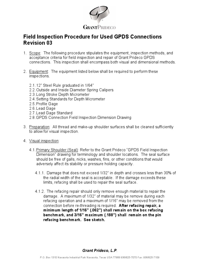 Field Inspection Procedure For Used GPDS Connections Revision 03 PDF