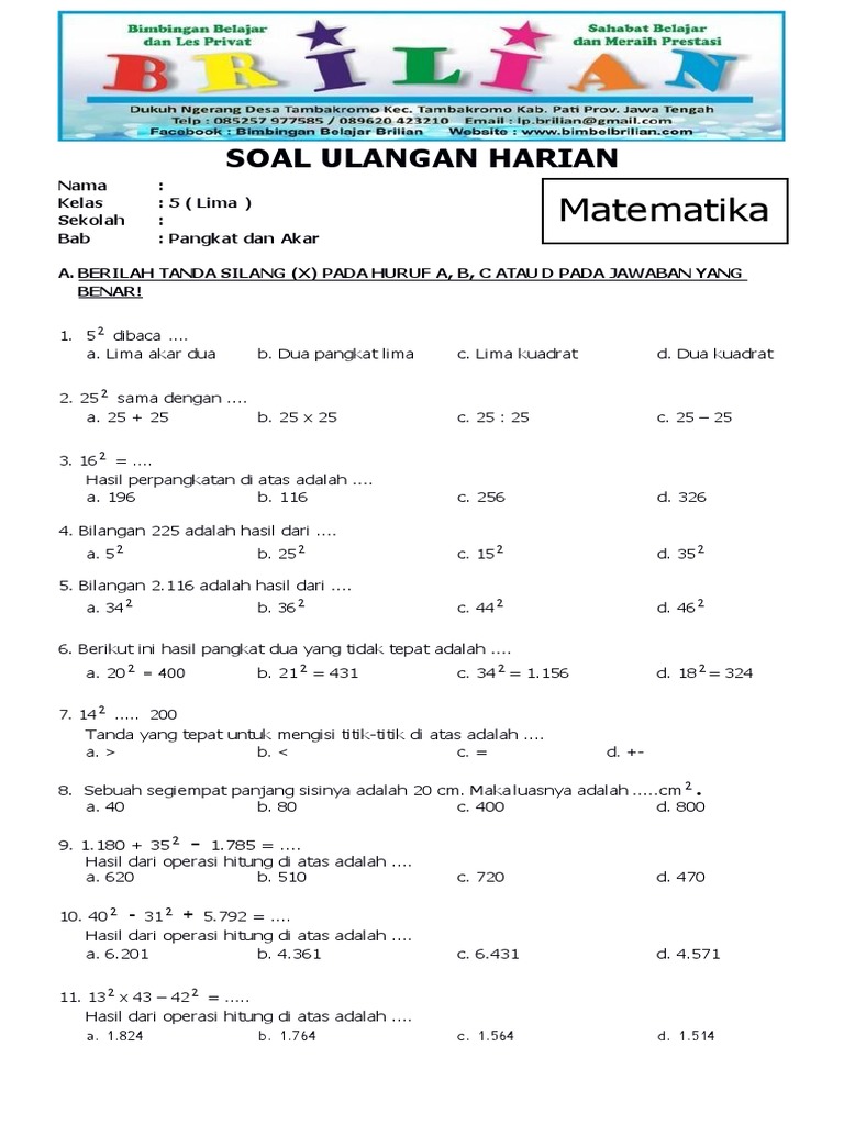 Soal Matematika Kelas 5 Sd Bab 2 Pangkat Dan Akar Bilangan Bulat Dan Kunci Jawaban Pdf
