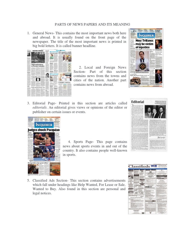 Parts of News Papers and Its Meaning PDF Newspapers News
