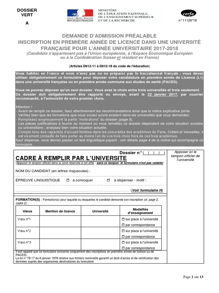 Formulaire d'admission L1 université 2017-2018 | PDF | Enseignement ...