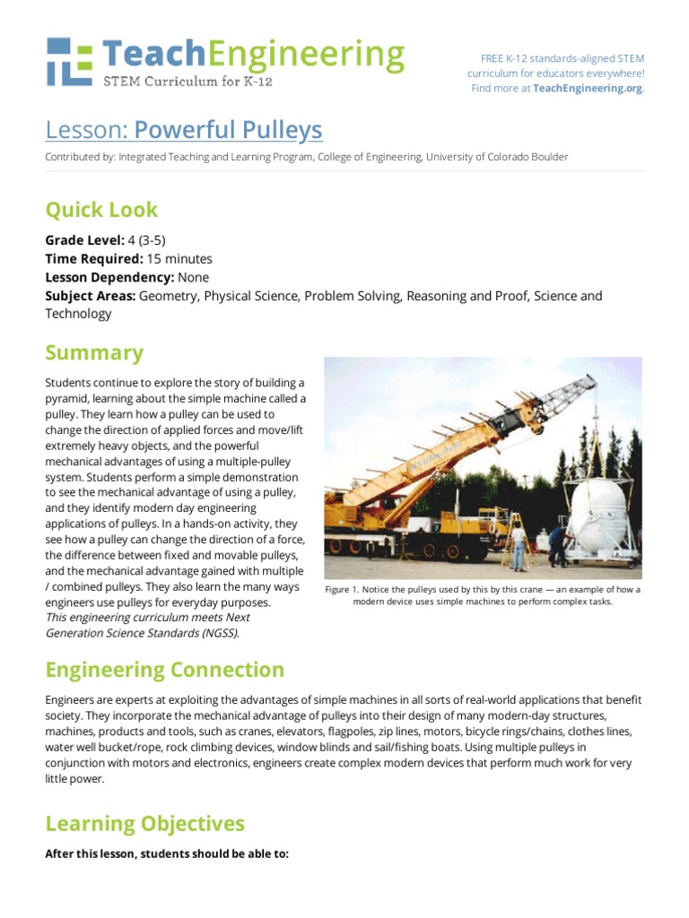 Powerful Pulleys Lesson TeachEngineering PDF Machines Force