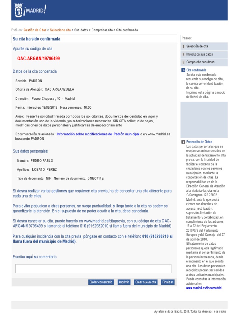 Confirmación Cita Padrón Madrid | PDF | Gobierno | Thriller y crimen