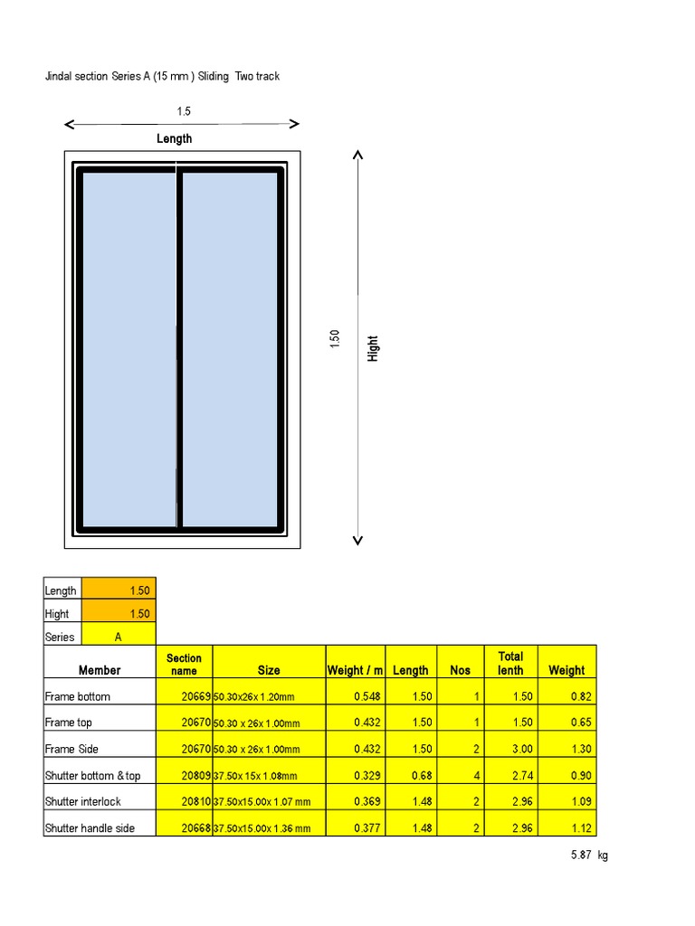 Specifications and component details for various Jindal sliding window