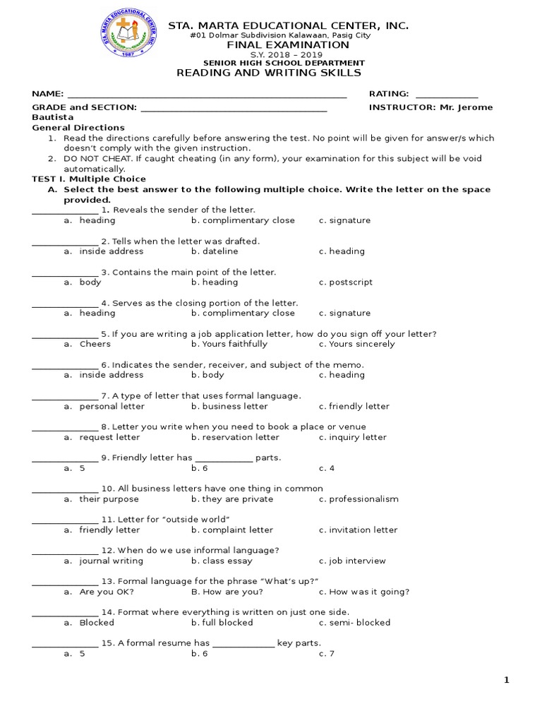 Reading Writing Skills FINAL EXAM PDF Test (Assessment) Employment
