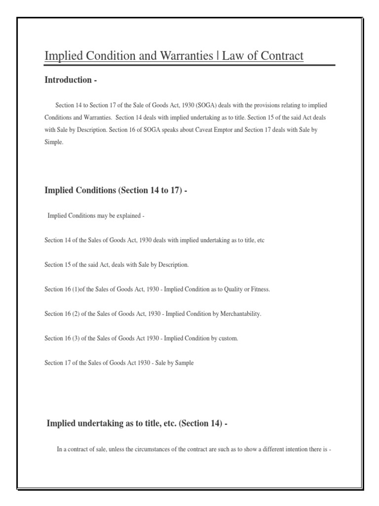 Implied Condition and Warranties PDF Implied Warranty Common Law
